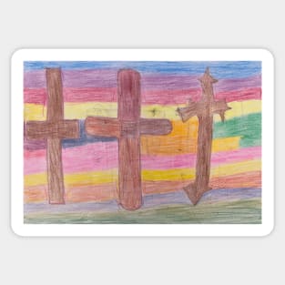 Three Wooden Crosses with Rainbow Background Sticker